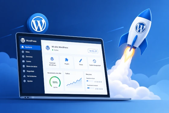 Panel WordPress y cohete ilustran el inicio de un sitio web